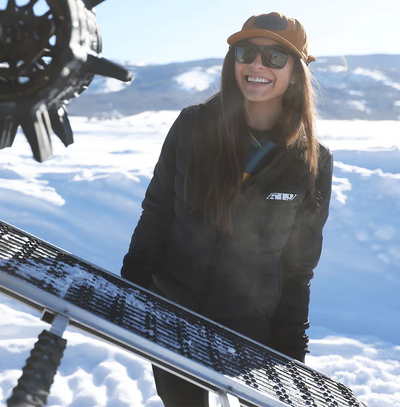 Women's SYN Down Hybrid Jacket, Front View On Model In Snow