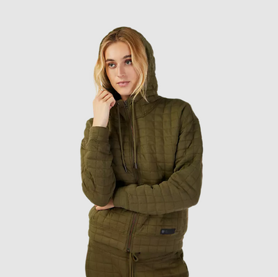 Womens Quilted Zip Hoodie - Green, Modeled